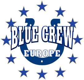 The Blue Crew Europe Logo - containing white stars, the blue Colts horseshoe and white text of Blue Crew Europe